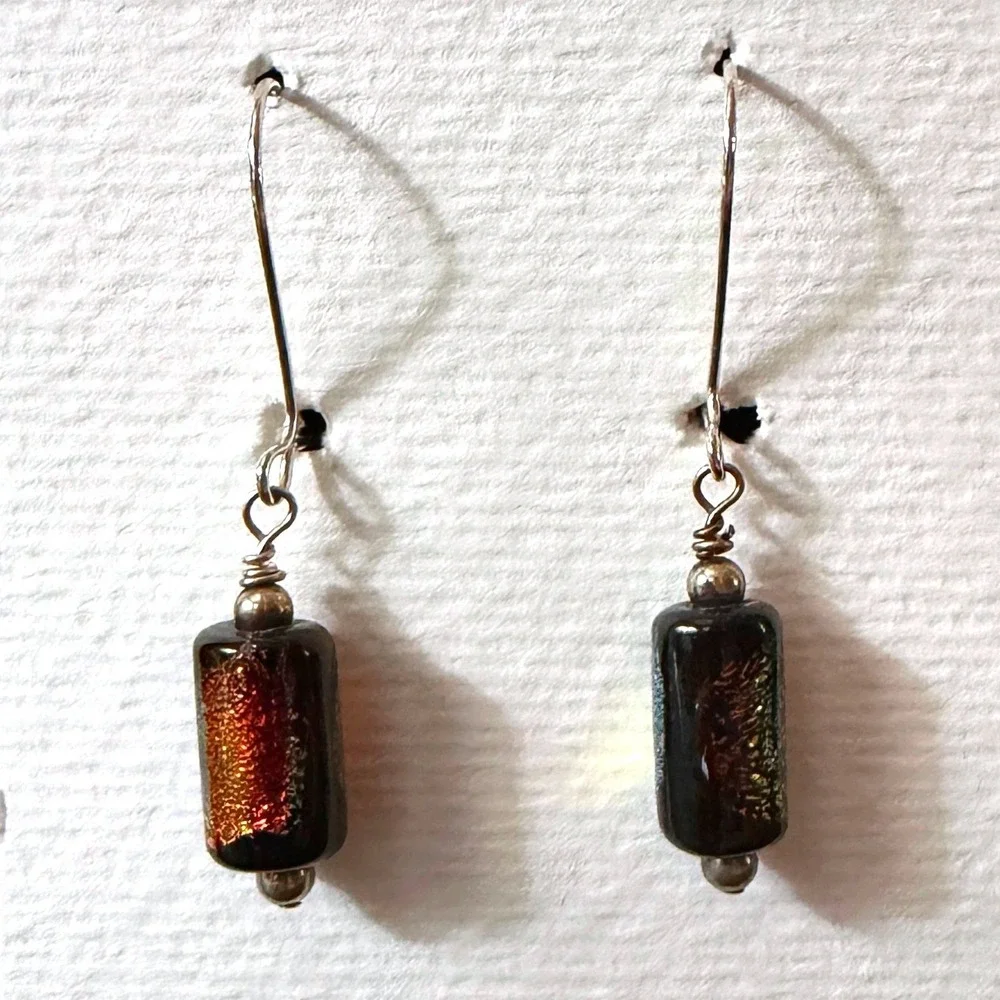 Dichroic Glass Bead‎ Drop Earrings Iridescent blk copper Cylinder Stephanie Aune